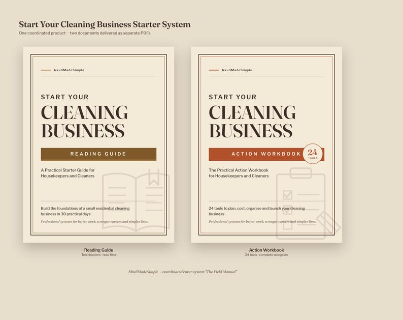 Covers of the Start a Cleaning Business Reading Guide and 24-Tool Workbook