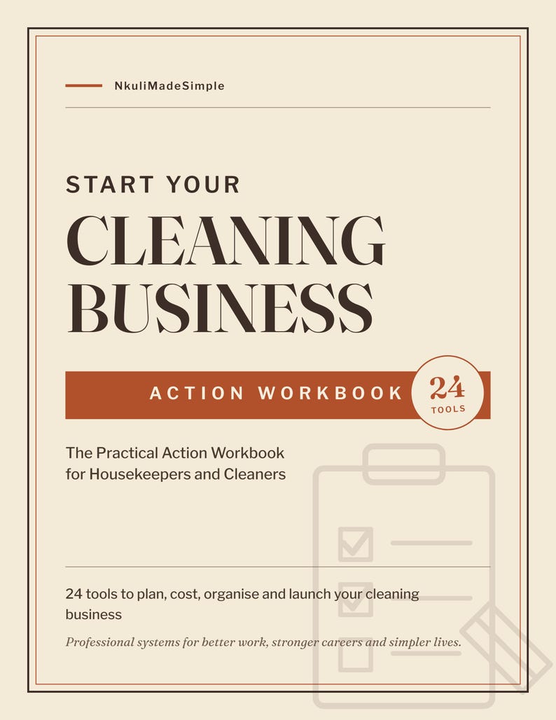 Cover of the Start Your Cleaning Business Action Workbook with 24 tools